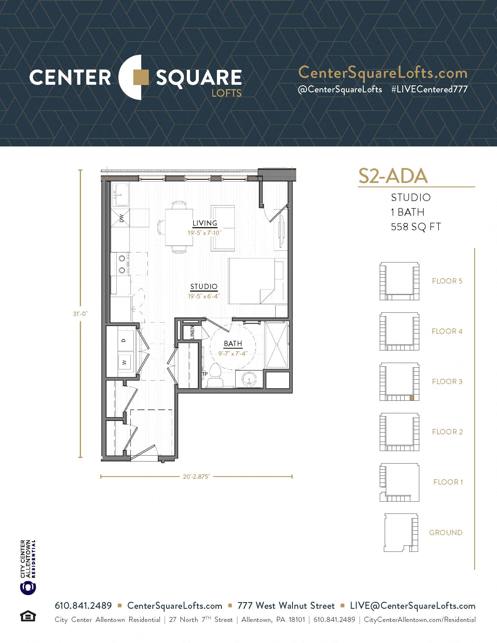 Floor plan for studio, 1 bath, 558 sqft